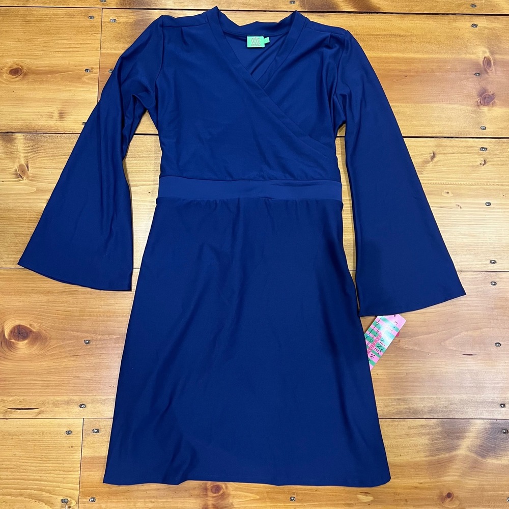 Katherine Way Navy Blue Faux Wrap Dress Size Large NWT Bell‎ Sleeve Versaway A12